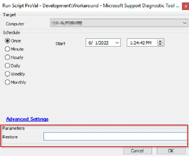 Leave the Restore field blank