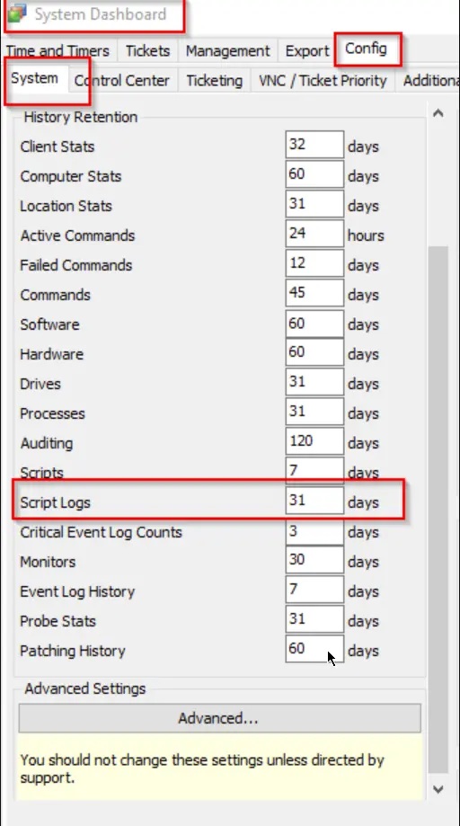 Script Log Retention Days