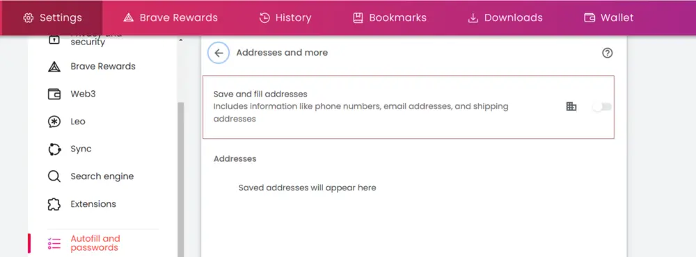 Brave Address Setting