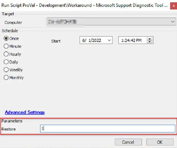 Set the Restore to 1