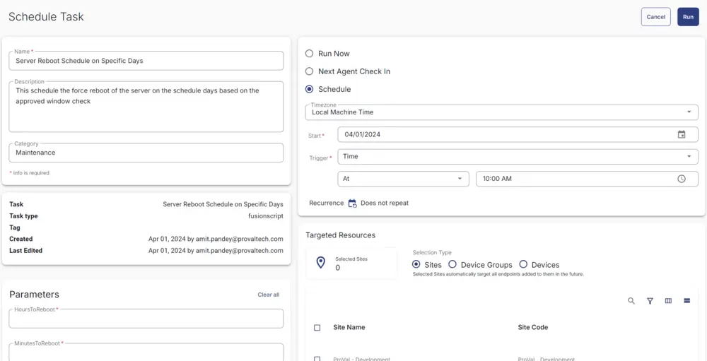 Schedule Task Screen