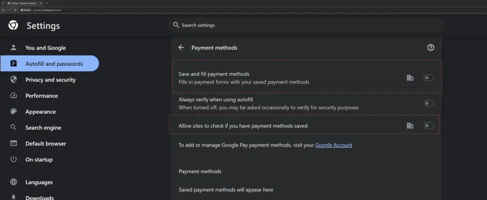 Google Chrome Credit Card Setting